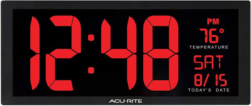 Photo 1 of AcuRite 14.5" Large Digital LED Oversized Wall Clock with Date and Temperature, Perfect for Home or Office (75127M), Inch, Red