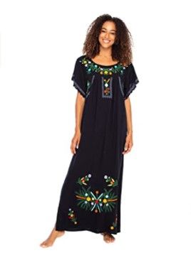 Photo 1 of Back From Bali Womens Long Mexican Embroidered Dress Maxi Boho Floral Summer Short Sleeve Kaftan Rayon Size Medium 