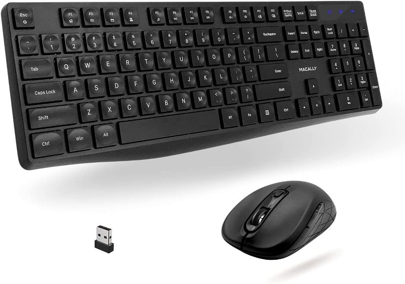 Photo 1 of Macally USB Wireless Keyboard and Mouse Combo - 2.4Ghz Full Size Cordless Keyboard and DPI Optical Mouse - Designed for Windows PC with USB Port - Simple Plug & Play Mouse and Keyboard Combo - (Black)