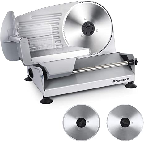 Photo 1 of Meat Slicer, Anescra 200W Electric Deli Food Slicer with Two Removable 7.5’’ Stainless Steel Blades and Food Carriage, Child Lock Protection, 0-15mm Adjustable Thickness Food Slicer Machine- Silver

