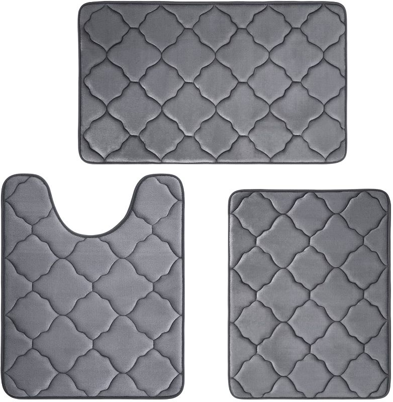 Photo 1 of Buganda 3 Piece Memory Foam Bath Rugs Set - Extra Soft Velvet Non Slip Absorbent Bath Mats, Small Large Bathroom Rugs and Contour Mat, Dark Grey
