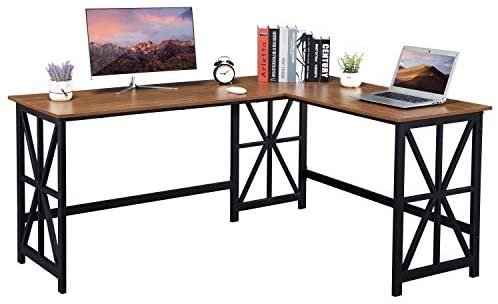 Photo 1 of GreenForest L Shaped Desk, 63.8” x 50” Industrial Heavy Duty Computer Corner Desk Reversible Gaming Desk Workstation for Home Office, Walnut
