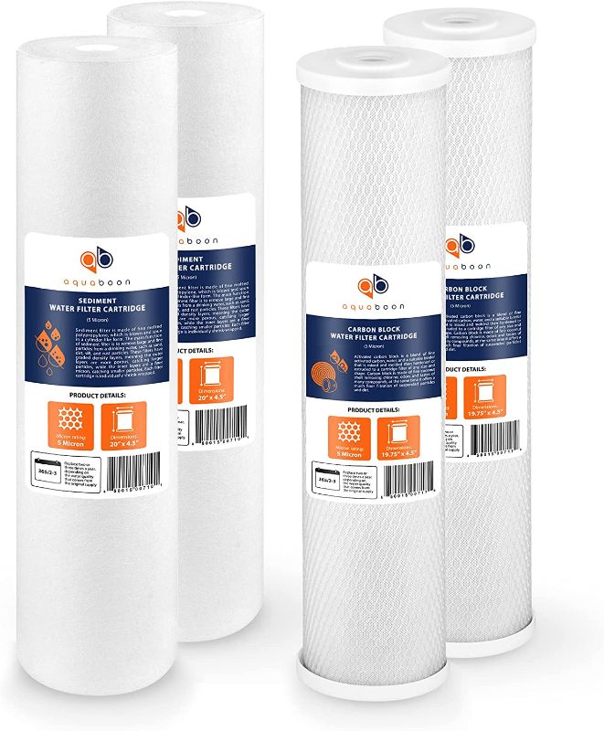 Photo 1 of Aquaboon 5 Micron 20" x 4.5" CTO Carbon Block & Sediment Replacement Filter Cartridges Set | 2 set, 4PK COMPATIBLE WITH: FC25BX4, 32-450-20-GREEN, EP20-BB, 2C-20BB, 155358-43, DGD-5005-20, 33003117-1