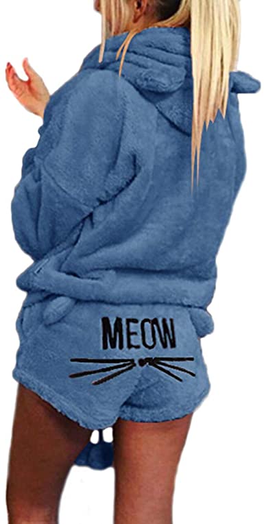 Photo 1 of Women's Cute Plush Sleepwear Fleece Cat Embroidered Pajamas Hoodie Meow Shorts Set (M)