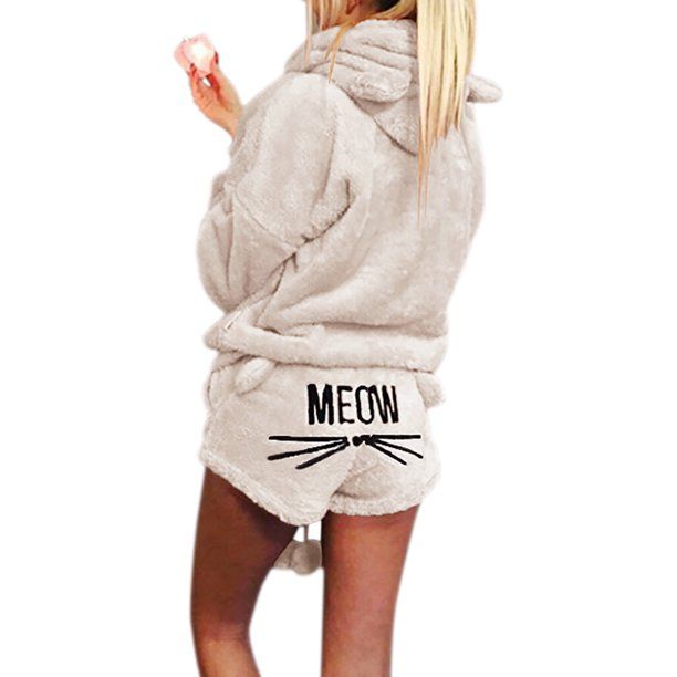 Photo 1 of Women's Cute Plush Sleepwear Fleece Cat Embroidered Pajamas Hoodie Meow Shorts Set (M)