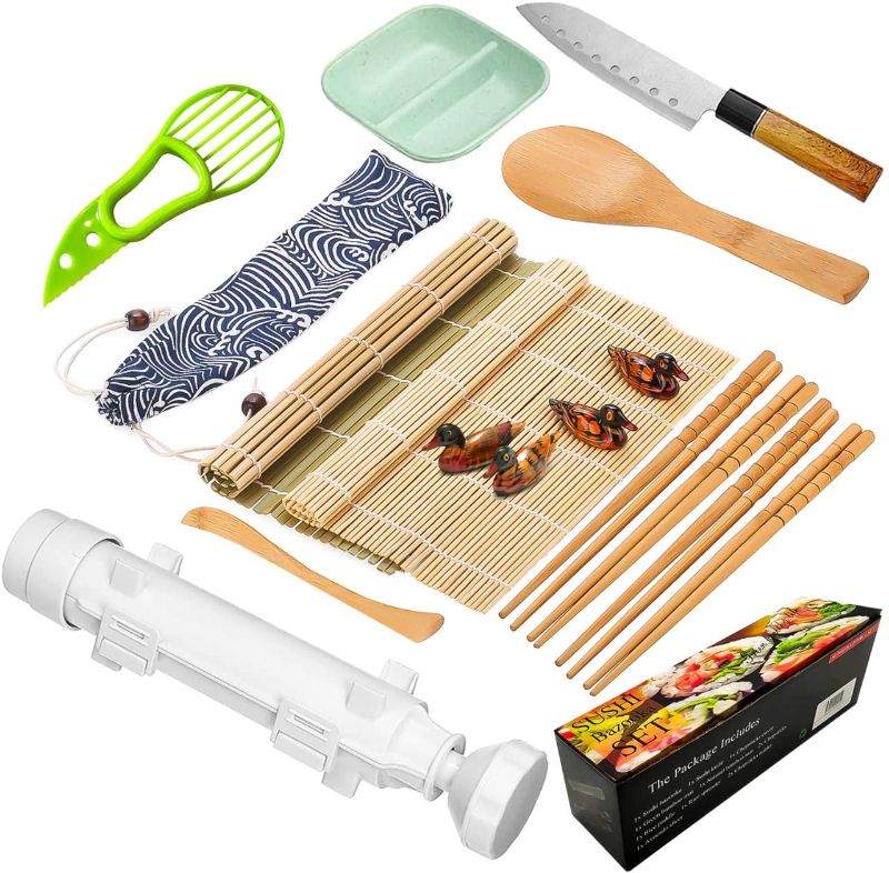 Photo 1 of Destination Sushi Making Kit-All In One Sushi Bazooka Maker with Chopsticks,Chopsticks Holder,Bamboo Mats,Avocado Slicer,Sushi Knife,Spreader,Paddle,Cotton Bag,Chopsticks Set and Plate
