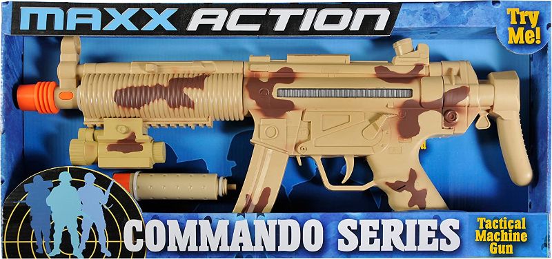 Photo 1 of Tactical Machine Gun Toy – With Realistic Sounds LED Lights and Detachable Silencer |Military Soldier Desert Camo Role Play Toy | Costume Accessory for Kids – Maxx Action
