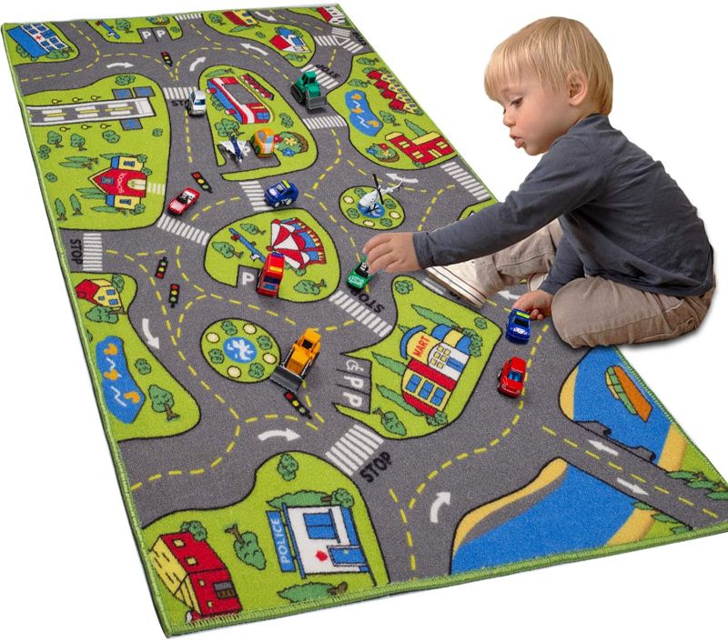 Photo 1 of Large Kids Carpet Playmat Rug 32" x 52" with Non-Slip Backing, City Life Play Mat for Playing with Car Toy, Game Area for Baby Toddler Kid Child Educational Learn Road Traffic in Bedroom, Classroom
