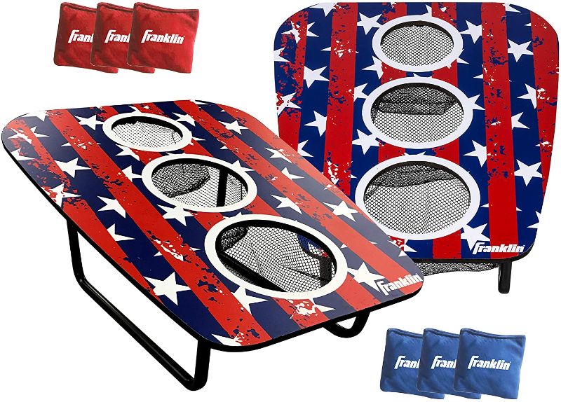 Photo 1 of Franklin Sports Bean Bag Toss Yard Game – 3 Hole Cornhole Board Set – Red, White, and Blue – with 6 Bean Bags
