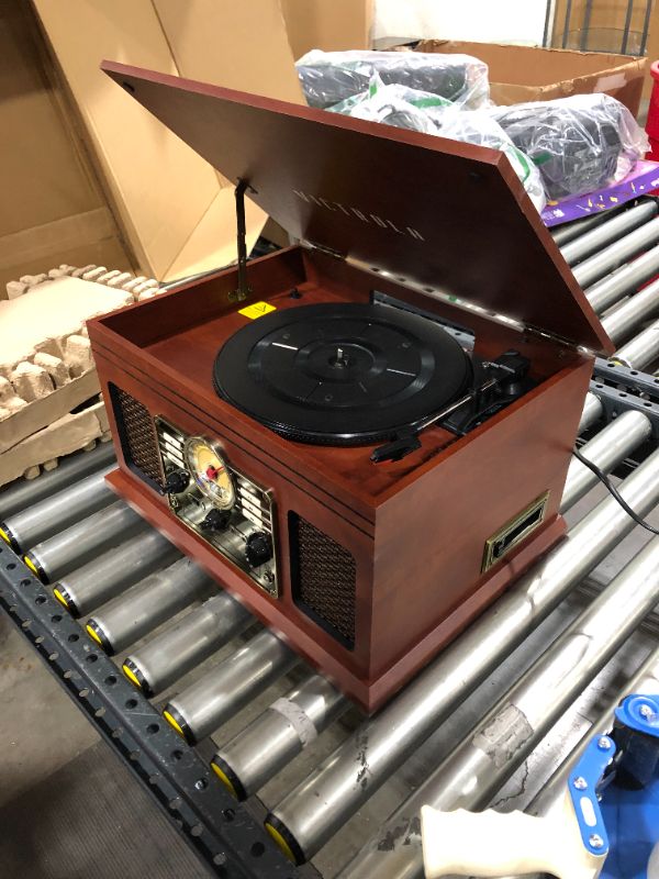 Photo 2 of Victrola Nostalgic 6-in-1 Bluetooth Record Player & Multimedia Center with Built-in Speakers - 3-Speed Turntable, CD & Cassette Player, FM Radio | Wireless Music Streaming | Mahogany
