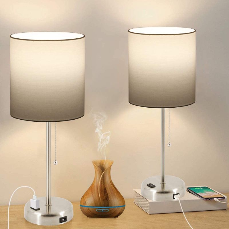 Photo 1 of Bedside Table Lamps for Bedroom Set of 2, 3 Color Temperature Nightstand Lamp for Living Room with USB Charging Port & AC Outlet, Pull Chain White Shade, 2 Blubs Included.
