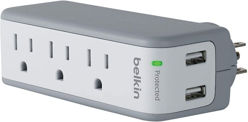 Photo 1 of Belkin Wall Mount Surge Protector - 3 AC Multi Outlets & 2 USB Ports - Flat Rotating Plug Splitter - Wall Outlet Extender for Home, Office, Travel, Computer Desktop & Charging Brick - 918 Joules
