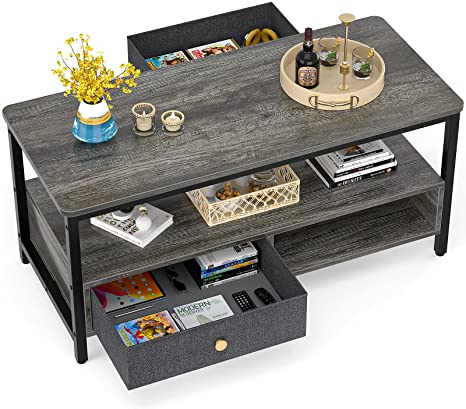 Photo 1 of Armocity Coffee Table with Storage Drawers, Industrial Coffee Table for Living Room, Center Table for Living Room with Double Storage Shelves, Metal Frame, Easy Assemble, Rustic Brown
