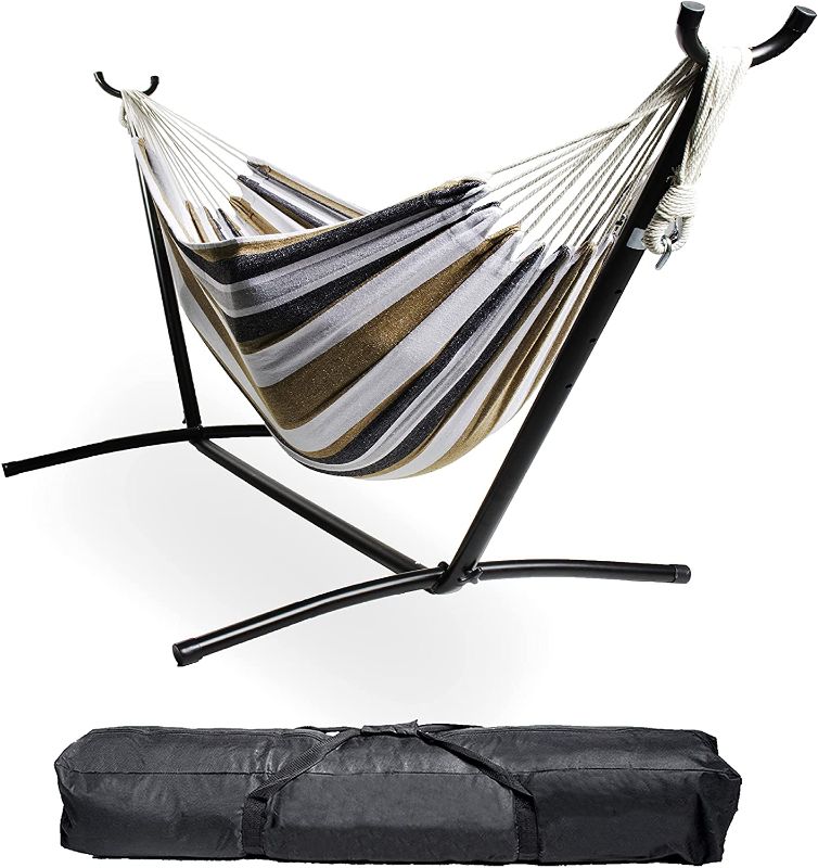 Photo 1 of Backyard Expressions - 914921 - Portable Double 2 Person Outdoor Hammock with Stand - Brown and Gray - 9 x 3 Foot Hammock
