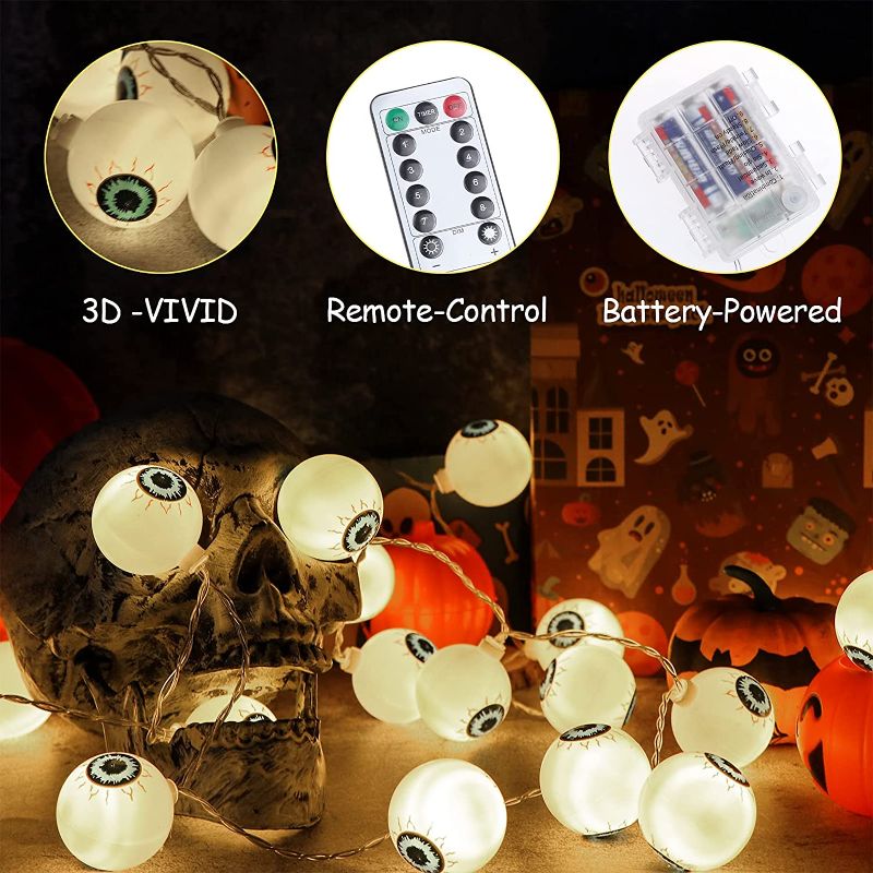 Photo 1 of 3D Halloween Eyeball String Lights 30 Battery Powered Lights Waterproof Lights String 8 Modes Remote Hanging Lamp Flexible Lights for Halloween Party Decorations-Warm White