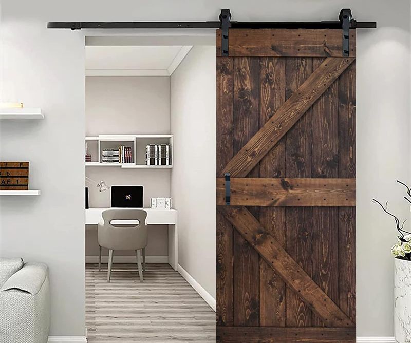 Photo 1 of 36in X 84in K Series DIY Knotty Pine Wood Interior Sliding Barn Door with 6.6FT Sliding Hardware Kit (Kona Coffee)