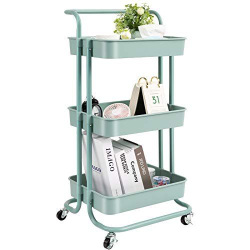 Photo 1 of 3 Tier Rolling Utility Cart with Wheels and Handle Storage Organization Shelves for Kitchen, Bathroom, Office, Library, Coffee Bar Trolley Service Cart, Green
