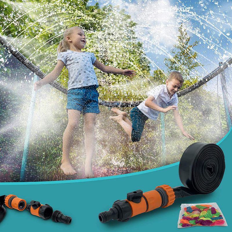 Photo 1 of  Trampoline Sprinkler System for Kids with Adjustable Water Pressure, Fits 8ft, 10ft, 12ft, 15ft and 16ft Jump Pads, Soft Flexible 39.3ft Hose, Mounted or Backyard Garden Use, 50 Water Balloons