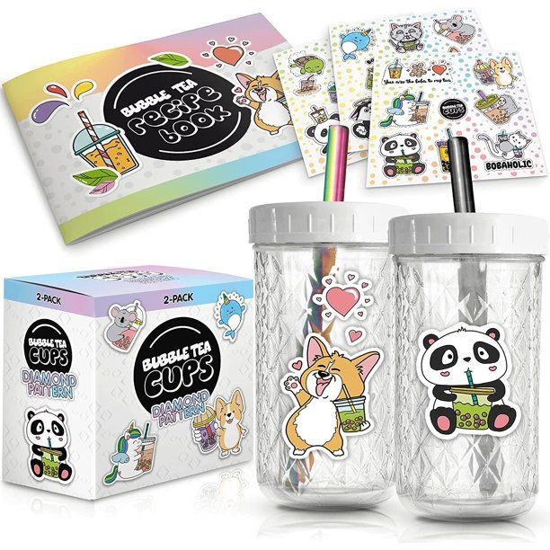 Photo 1 of 2-Pack Reusable Bubble Tea Cup Set – 21oz Diamond-Pattern Glass Boba Tea Cups with Lids & Straws – Bubble Tea Gift Set Includes Recipe Book & Stickers - Reusable Boba Cup for Milk Tea & Smoothie
