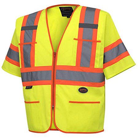 Photo 1 of Pioneer High Visibility Tricot Sleeved Safety Vest, Reflective Tape, 4 Pockets, Yellow/Green, Unisex, 2XL, V1023560U-2XL
