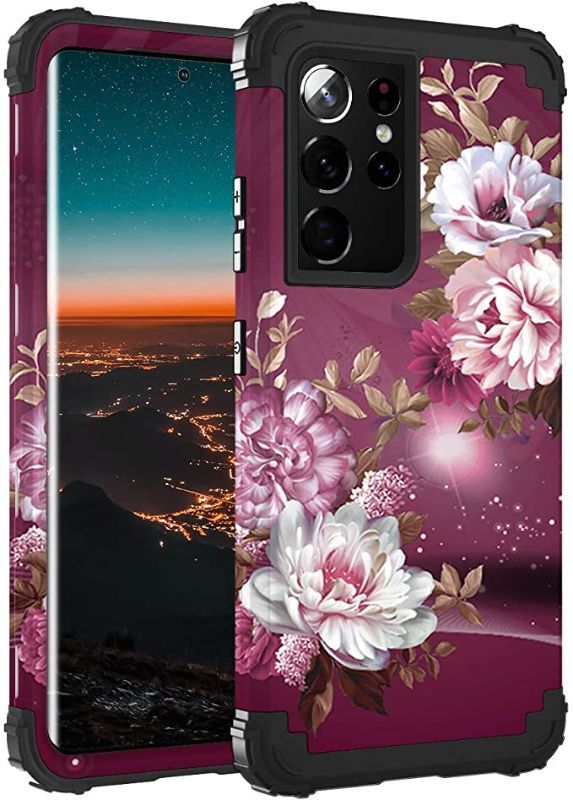 Photo 1 of 2PC LOT HOCASE FOR GALAXY S21 ULTRA CASE, SHOCKPROOF HEAVY DUTY HARD PLASTIC+SOFT SILICONE RUBBER BUMPER HYBRID PROTECTIVE CASE FOR SAMSUNG GALAXY S21 ULTRA 5G (6.8-INCH DISPLAY) 2021 - ROYAL PURPLE FLOWERS, 2 COUNT