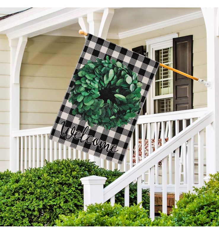 Photo 1 of DOLOPL FALL WELCOME GARDEN FLAG 12.5X18 INCH DOUBLE SIDED DECORATIVE BUFFALO CHECK GREEN BOXWOOD WREATH SMALL YARD GARDEN FLAGS FOR OUTSIDE SUMMER OUTDOOR DECORATIONS