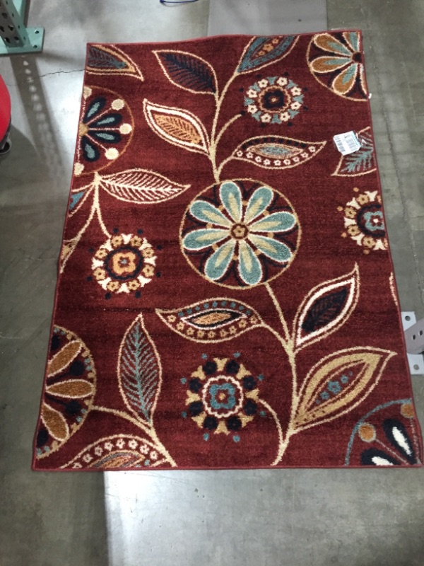 Photo 2 of Contemporary Floral & Leaves Pattern Red/Yellow Polyester Area Rug (5' x 7'6) - 5' x 8'