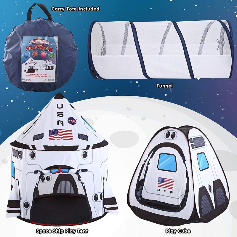 Photo 1 of JOYIN White Rocket Ship Play Tent Pop up Play Tent with Tunnel and Playhouse Kids Indoor Outdoor Spaceship Tent Set