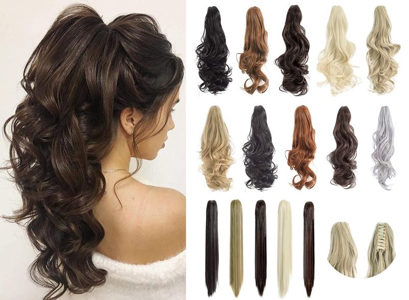 Photo 1 of Felendy Ponytail Extension Claw 18"  Curly Wavy Straight Clip in Hairpiece One Piece A Jaw Long Pony Tails for Women Ash Blonde Mix Brown
