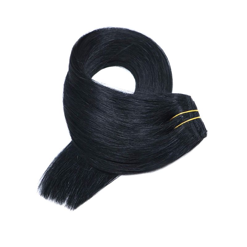 Photo 1 of Human Hair Extensions Clip in, Jet Black Remy Hair Extensions Clip on Straight Double Weft 7 Pieces 70Gram Real Hair Extensions Clip-in 15 Inch 2 Sets Full Head for Women
