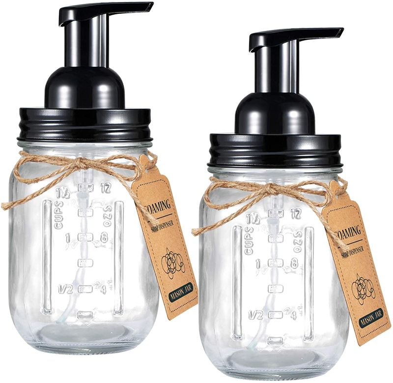 Photo 1 of Amolliar Mason Jar Foaming Soap Dispenser-Rustproof Stainless Steel Lid/BPA Free Pump,with Labels-Rustic Farmhouse Decor Hand Soap Dispenser for Bathroom Vanities,Kitchen Sink,Countertops,Black,2-Pack
