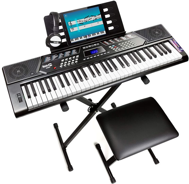 Photo 1 of RockJam 61 Key Keyboard Piano With Pitch Bend Kit, Keyboard Stand, Piano Bench, Headphones, Simply Piano App & Keynote Stickers
