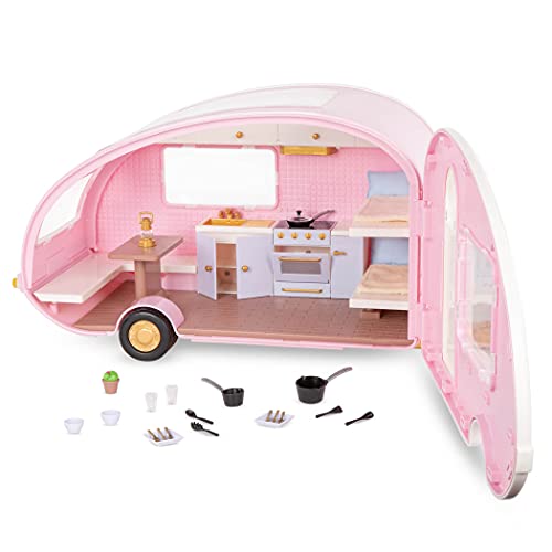 Photo 1 of Lori Dolls – Camper for Mini Dolls – Pink Camping Trailer for 6-inch Dolls – Beds, Kitchen & Table – Dollhouse Cooking Accessories – Roller