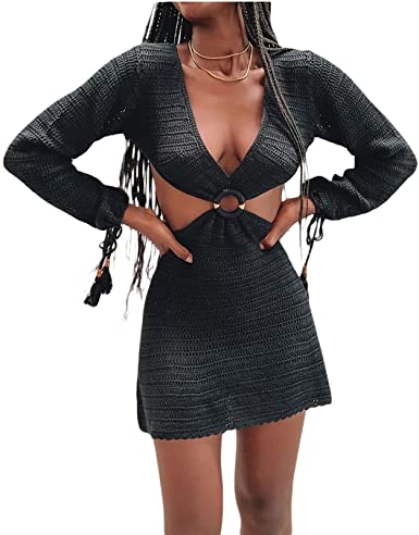 Photo 1 of aporake Women Crochet Sundress Sexy Cutout Knitted Swimsuit Cover Up Long Sleeve Backless Mini Knitted Dress Beachwear, Small 