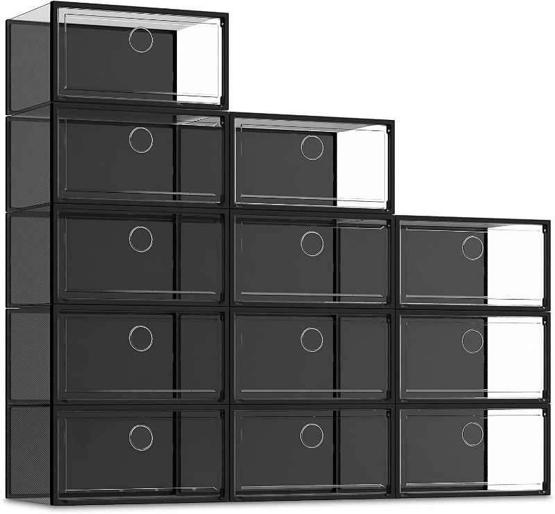 Photo 1 of 12 Pack Shoe Storage Box, Clear Plastic Stackable Shoe Organizer for Closet, X-Large Shoe Sneaker Containers Bins Holders Fit up to Size 13 (Black)