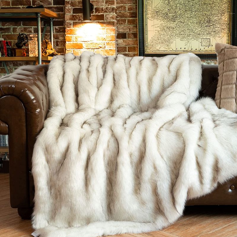 Photo 1 of BATTILO HOME Luxury Fox Faux Fur Warm Elegant Cozy Throw Decorative Blanket Thick Warm Reversible to Plush Velvet Bed Sofa Blanket, 51"x67"