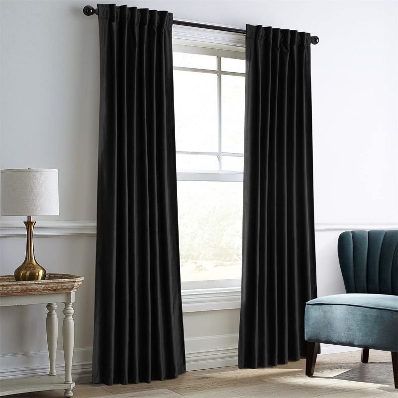 Photo 1 of Dreaming Casa Darkening Black Velvet Curtains for Living Room Thermal Insulated Rod Pocket Back Tab Window Curtain for Bedroom 2 Panels 52" W x 84" L