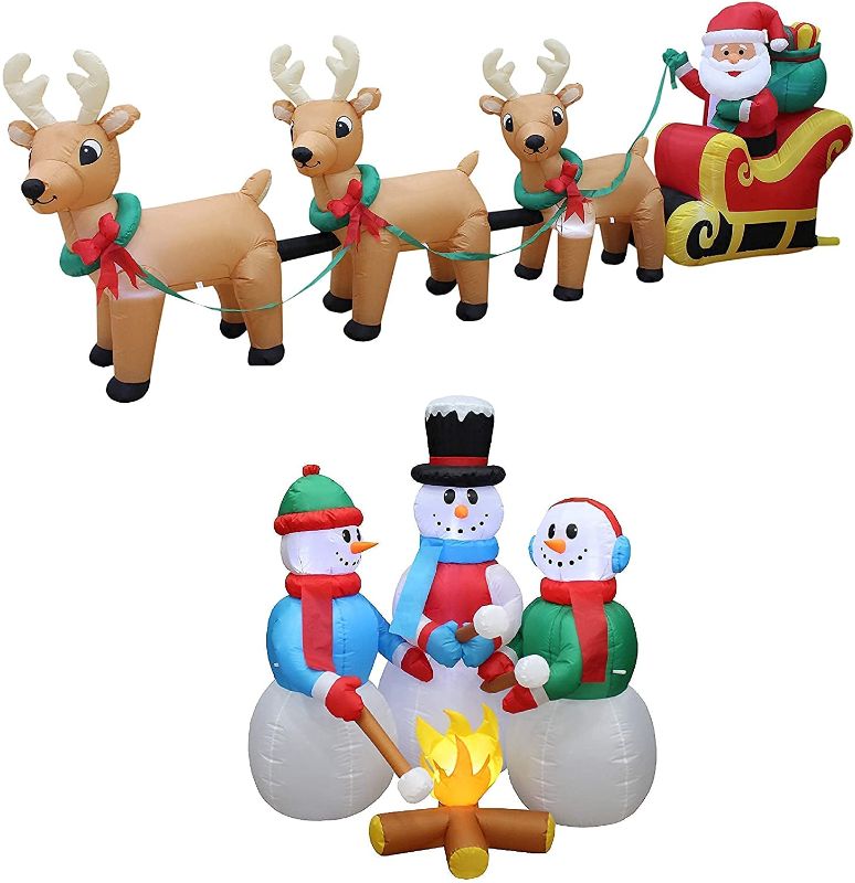 Photo 1 of 12 Foot Long Lighted Christmas Inflatable Santa Claus on Sleigh with 3 Reindeer & Christmas Tree Lights Decor Outdoor Indoor Holiday Decorations Blow up Lawn Inflatables Home Family Outside Decor
