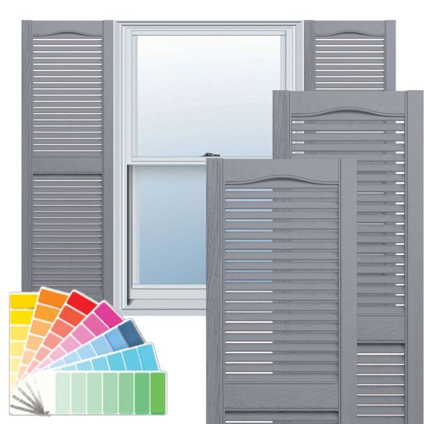 Photo 1 of 12 in. W x 31 in. H Builders Edge, Standard Cathedral Top Center Mullion, Open Louver Shutters, Includes Matching Installation Spikes, 030 - Paintable
