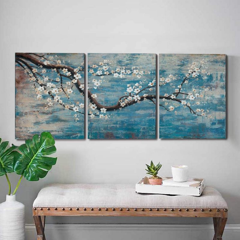 Photo 1 of amatop 3 Piece Wall Art Hand-Painted Framed Flower Oil Painting On Canvas Gallery Wrapped Modern Floral Artwork for Living Room Bedroom Décor Teal Blue Lake Ready to Hang 12"x16"x3 Panel