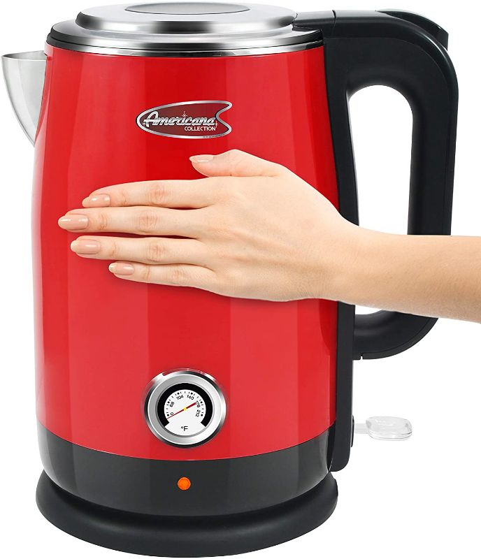 Photo 1 of Americana EKT-1780BL 1.7L Cool Touch Stainless Steel Electric Kettle w/ Temperature Gauge - Blue
