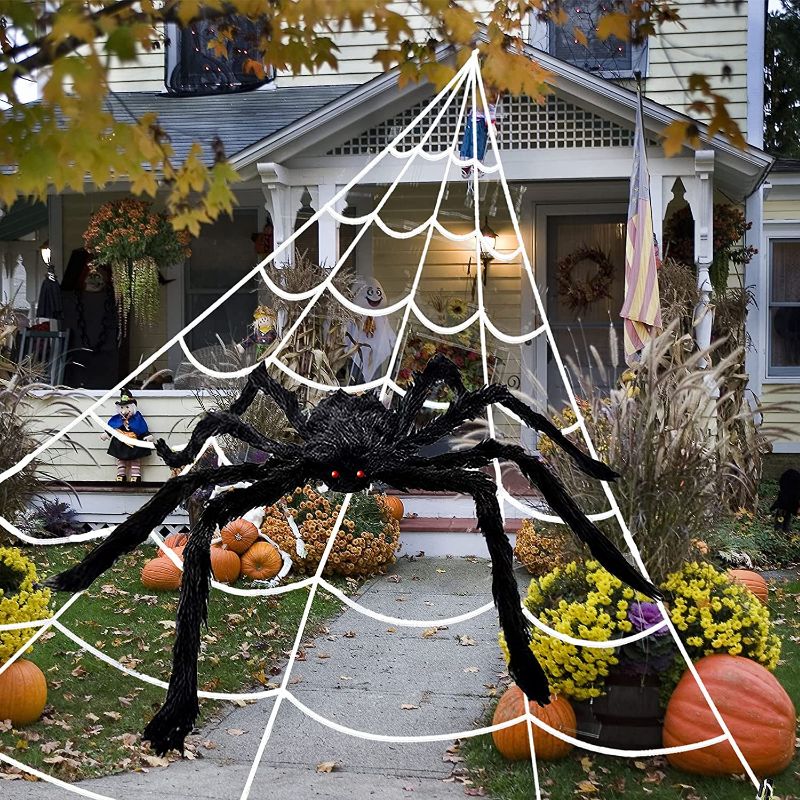 Photo 1 of 200" Halloween Spider Web + 59" Giant Spider Decorations Fake Spider with Triangular Large Spider Web for Indoor Outdoor Halloween Decoration Yard Home Costumes Parties Haunted House Décor