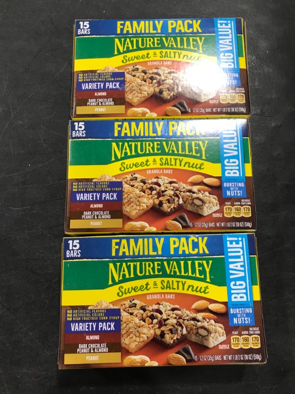 Photo 2 of Nature Valley Granola Bars, Chewy, Almond/Dark Chocolate, Peanut & Almond, Peanut, Sweet & Salty Nut, Variety Pack, 15 Pack - 15 pack, 1.2 oz bars 3 PACK