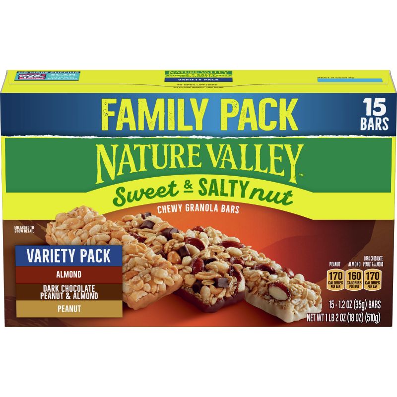 Photo 1 of Nature Valley Granola Bars, Chewy, Almond/Dark Chocolate, Peanut & Almond, Peanut, Sweet & Salty Nut, Variety Pack, 15 Pack - 15 pack, 1.2 oz bars 3 PACK