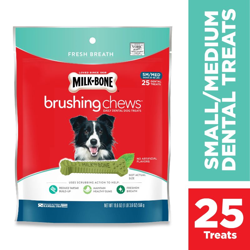 Photo 1 of Milk-Bone Brushing Chews Daily Dental Dog Treats, Fresh Breath, Small-Medium, 19.6 Ounces, 25 Bones Per Bag 2 BAGS 