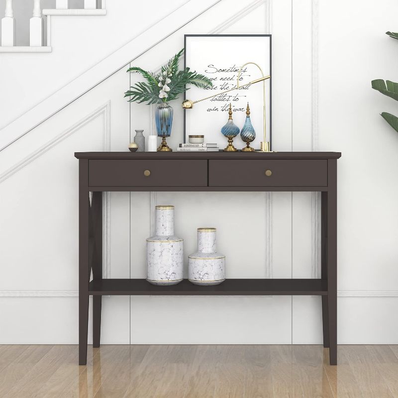 Photo 1 of ChooChoo Oxford Console Table with 2 Drawers, Sofa Table Narrow for Entryway, Espresso