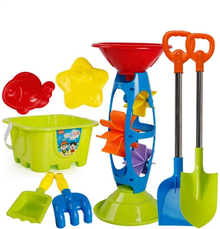 Photo 1 of AODLK 8 Pack Sand Water Mill Set - Beach Water Wheel Toys Windmill Watering Can Spades Sand Moulds - Ideal Water Play for The Summer Sand Beach Sandpit
