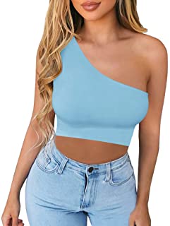Photo 1 of "N" RICHCOIN WOMEN'S SEAMLESS ONE SHOULDER TEE CROP TOP, BABY BLUE, LARGE
