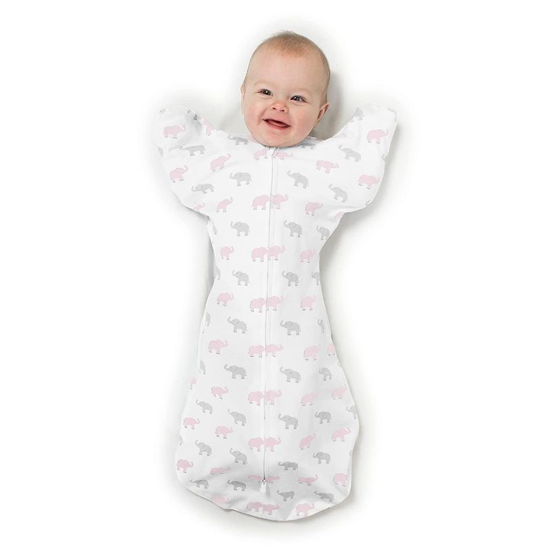 Photo 1 of Amazing Baby Transitional Swaddle Sack with Arms Up Half-Length Sleeves and Mitten Cuffs, Tiny Elephants, Pink, Small, 0-3 Months (Parents’ Picks Award Winner, Easy Transition with Better Sleep)