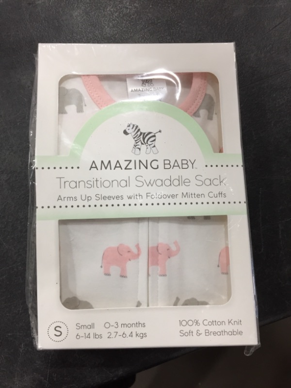 Photo 2 of Amazing Baby Transitional Swaddle Sack with Arms Up Half-Length Sleeves and Mitten Cuffs, Tiny Elephants, Pink, Small, 0-3 Months (Parents’ Picks Award Winner, Easy Transition with Better Sleep)